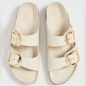 Birkenstock Arizona Big Buckle High Shine Sandals in Ecru (Cream & Gold) NWOT